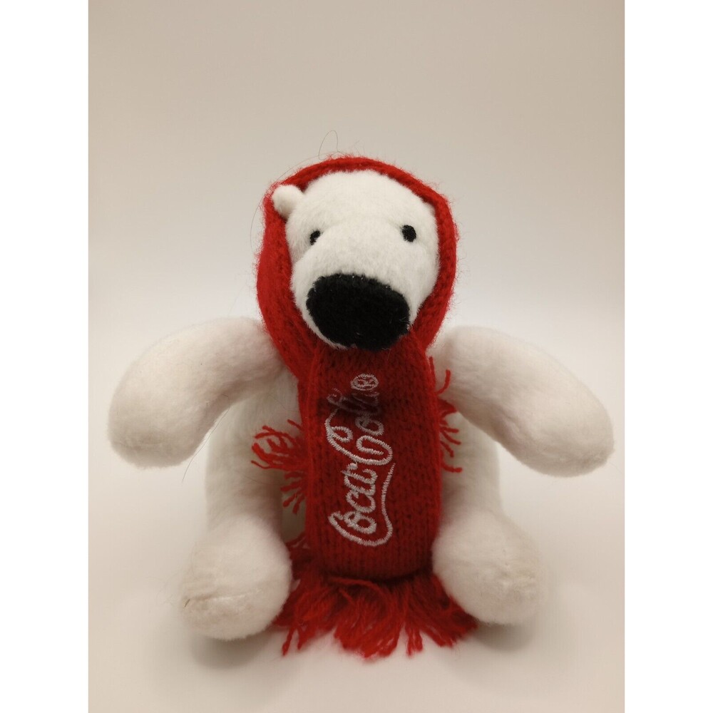 Small Coca-Cola White Polar Bear Beanie Plush Stuffed Animal red scarf NEW